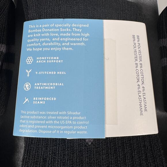 Bombas Small Black Donation Socks Honeycomb Arch Support Antimicrobial 5-Pack - Picture 5 of 6